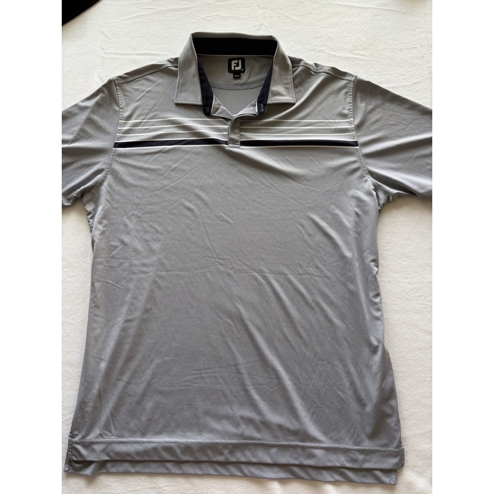 FootJoy Men's 2XL Gray/White/Navy Striped Polyester Polo Shirt Golf Logo